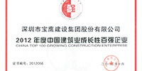 寶鷹集團連續三年榮獲中國建筑業成長性百強企業稱號